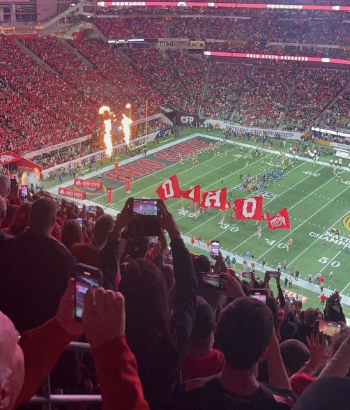 The Ohio State Buckeyes run out during the National Championship game in Atlanta. 